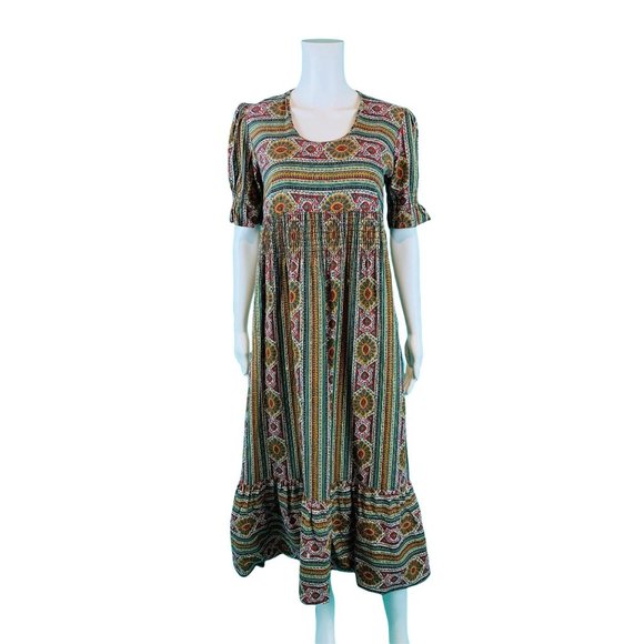 Vintage 70s Maxi Dress Women's Small Bohemian Smocked Waist Folk Tiered - Picture 2 of 10
